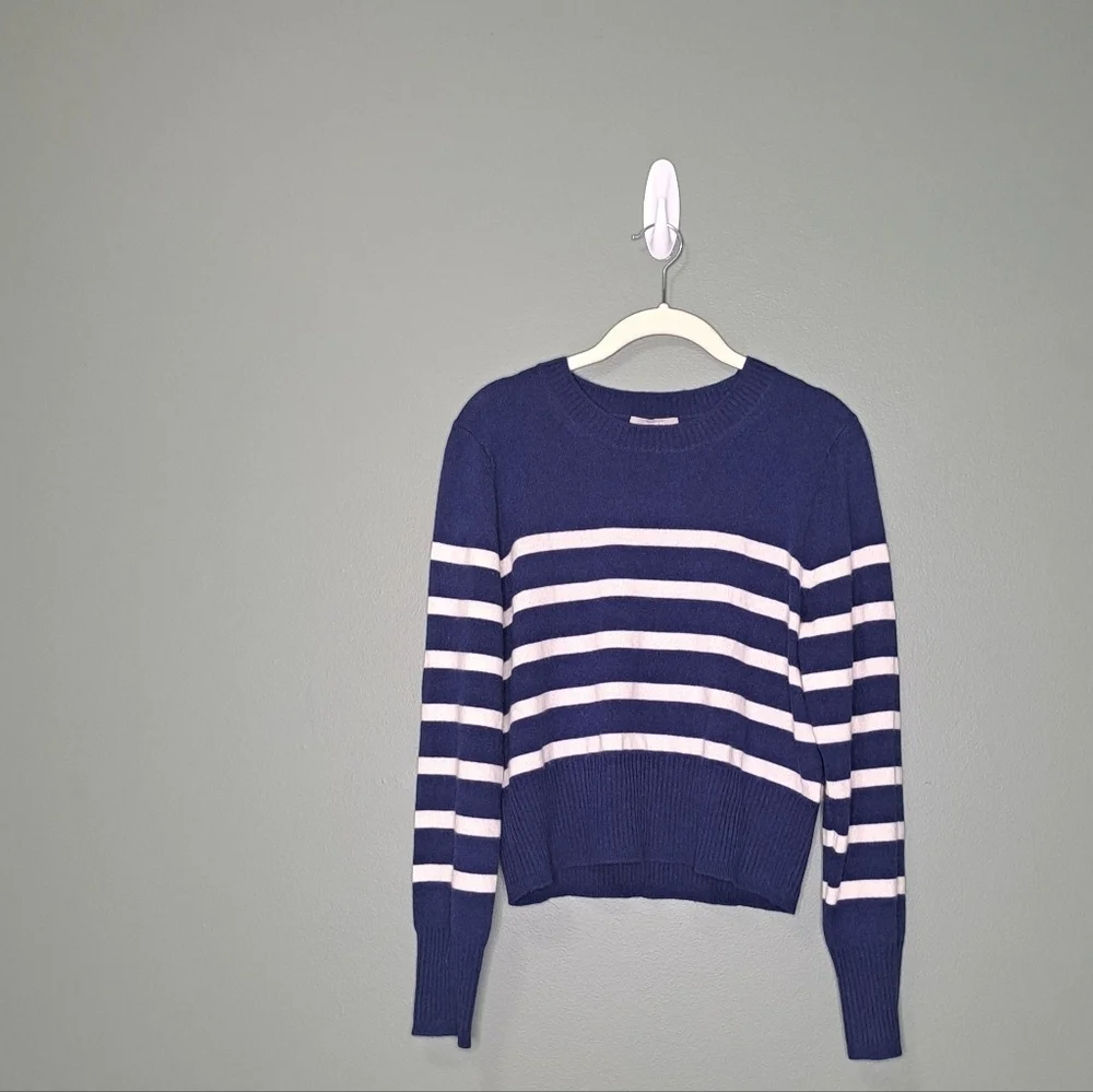 J. Crew Cashmere Shrunken Crewneck Sweater In Stripe Navy Medium NWOT